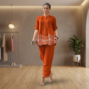 <b>Women</b> Orange Mandarin Collar Embroidered <b>Kurta</b> Pant Co-ord Set Loose Fit Short Sleeve Casual Dresses All Seasons - Product Image 1