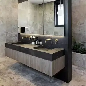 Tocador de baño de madera moderna, mueble de baño impermeable con doble fregadero