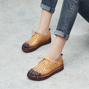 Nouvelles chaussures plates à lacets en cuir de vachette, style ethnique rétro, faites à la main, avec semelle souple et couleurs assorties - Product Image 2