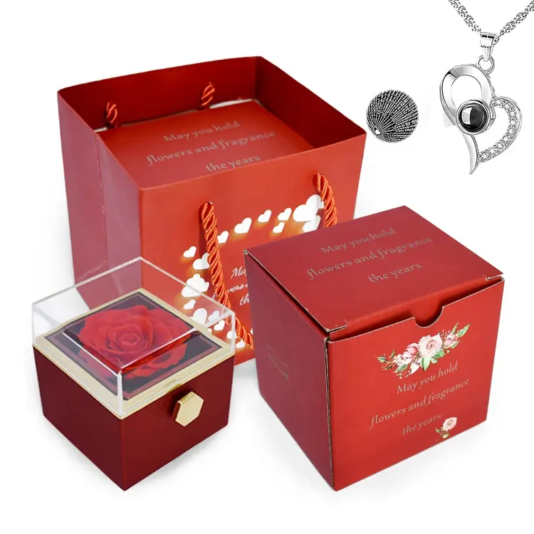 OEM Acryl rotierende Rose Schmuck Geschenk box Konservierte Rose Schmucks cha tulle mit Ring Halskette