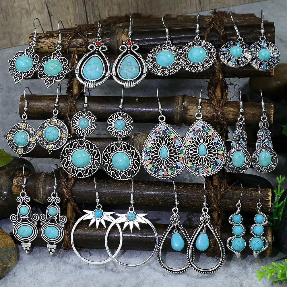 Panjang baru geometris Vintage wanita perhiasan pirus mode Bohemian rumbai perhiasan Drop anting Boho set untuk wanita hadiah