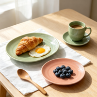 Service de vaisselle en grès côtelé vert et pêche de qualité commerciale, assiettes en céramique gaufrées résistantes aux éclats pour banquets et services de traiteur