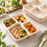Plateau rectangulaire biodégradable en bagasse à 4 compartiments pour la préparation des repas, les stands de restauration, les événements et la restauration en gros