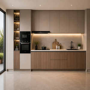 Mobile da <span class=keywords><strong>Cucina</strong></span> Modulare Minimalista con Finitura Lucida in PET, <span class=keywords><strong>Design</strong></span> Senza Maniglie, Resistente all'Umidità, Vendita all'Ingrosso - Product Image 1