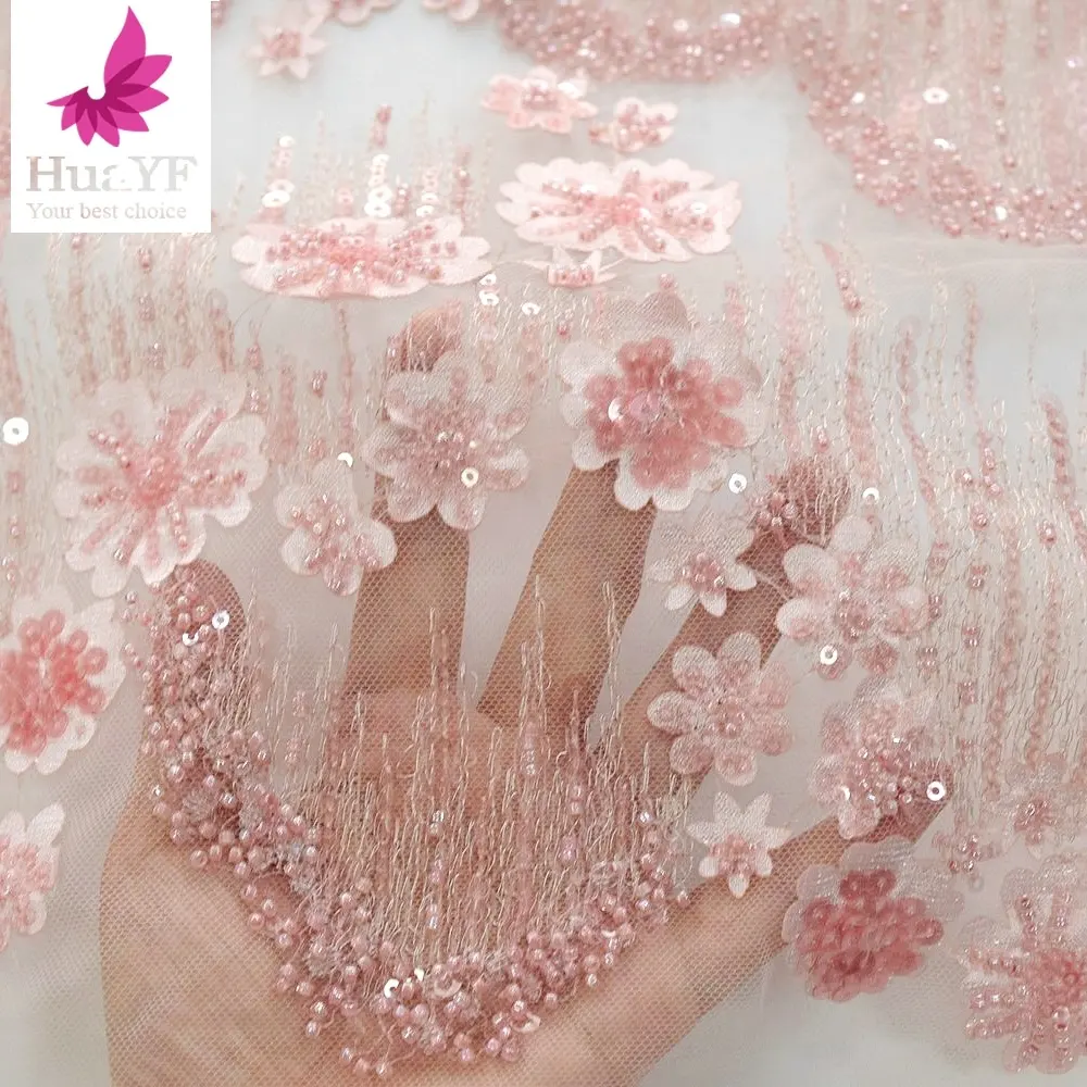 Màu Hồng 3D Satin Hoa Tulle Ren Với Hạt Ren Lưới Sequins Vải Cho Đáng Yêu Cô Gái Ăn Mặc HY1581-4