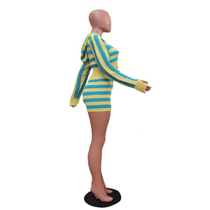 Nouvelle mode décontractée, tenues en tricot pour femmes, ensemble short deux pièces, rayé, manches longues, capuche, short, ensemble deux pièces pour femmes - Product Image 5