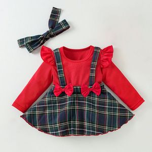 Set di Abbigliamento Natalizio per Neonata di Alta Qualità con Pagliaccetto a Maniche Lunghe a Quadri e Fascia per Capelli - Product Image 3