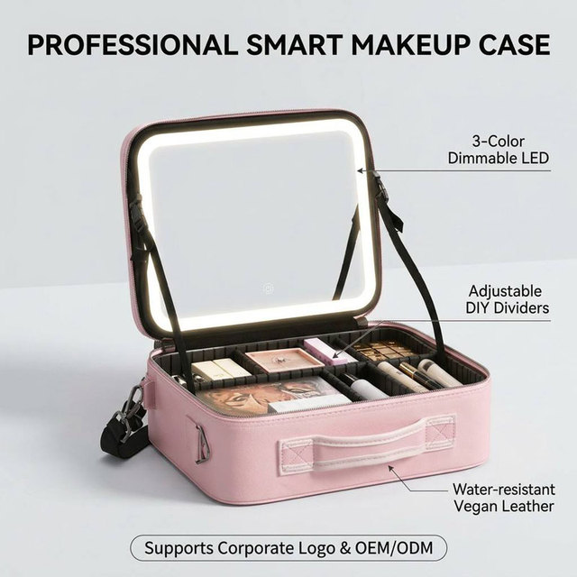 Waterproof Pink Travel Vanity Case Large Capacity Cosmetic Makeup Organizer Bag with LED Mirror for Women
