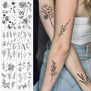 1 hoja de tatuaje temporal <span class=keywords><strong>para</strong></span> adultos, flor negra, mariposa y diseño de plantas silvestres <span class=keywords><strong>para</strong></span> arte corporal y decoración facial <span class=keywords><strong>para</strong></span> hombres y mujeres - Product Image 1