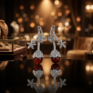 Boucles d'oreilles pendantes en argent avec pierres précieuses rouges et motif floral pour femmes, bijoux tendance - Product Image 3