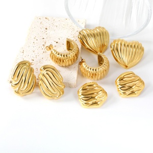 Fashion Jewelry Women's Stainless Steel 18k <b>Gold</b> <b>Plated</b> Wholesale Bulk Simple Striped Shell Texture Threaded Stud <b>Earrings</b> - Product Image 5