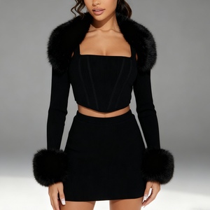 Fall/Winter Women's Fashion Faux Fur Collar Patchwork Long Sleeve Strapless Sexy Bodycon Mini Skirt 2-Piece <b>Set</b> Fashion - Product Image 2