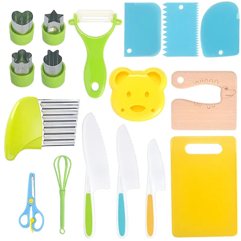 17 Pieces kids Kitchen Knife Set with Cutting Board Fruit Vegetable Cutters For Real Cooking Toddler Safe Kitchen Knife Set