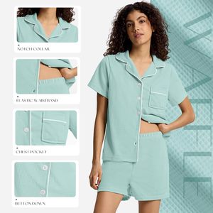 Conjunto de pijama de algodón para mujer, de manga corta, con botones, de punto gofrado, pantalones cortos, ropa de dormir, ropa de casa, ropa de noche - Product Image 5