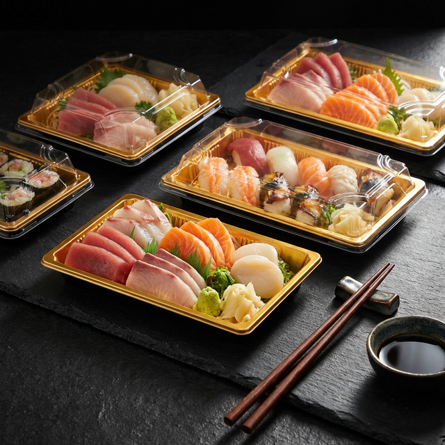 Transparent Food Safe PET Anti-Fog Stackable Disposable Takeaway Packaging for Sushi Sashimi Salad & Potato Chips