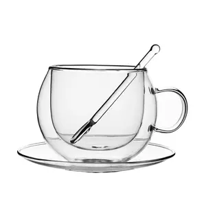 Высококачественная силиконовая кофейная чашка с блюдцем и ложкой, набор из двойной изолированной стеклянной чайной чашки