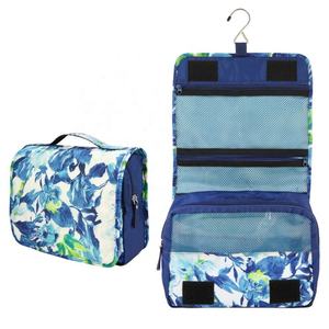Women Custom Designer Blue Floral Zipper Foldable <b>Large</b> Capacity Travel <b>Toiletry</b> Makeup Cosmetic <b>Bag</b> With Hanging Hook - Product Image 1