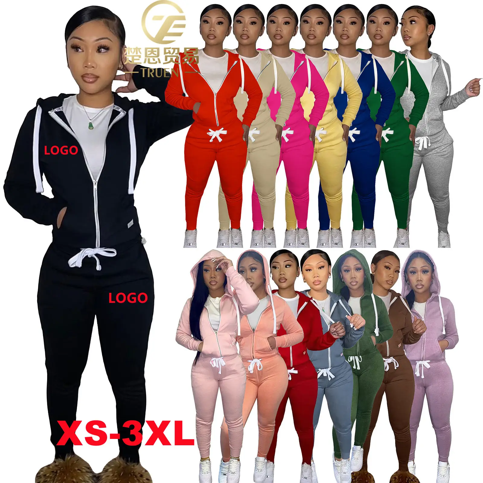 XS-3XL Hot sale Fall 2022 women clothes Drawstring sweatpants jogging suit Zipper Cardigan Sweatshirt Two Piece Women's Set