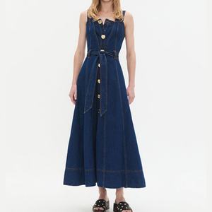 เดรสยีนส์ยาวทรงแม็กซี่สำหรับผู้หญิง สายคาดเอวคู่แบบถอดได้ ซิปหลัง ผ้าฝ้าย แขนกุด - Product Image 1