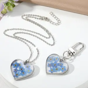Fashion Enamel Blue Dried Flower Heart Keychain Peach Heart Pendant Necklace Jewelry Set Wholesale