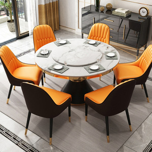 Juego de Comedor de Diseño Moderno con Mesa Redonda de Acero Inoxidable de Lujo Italiano con Centro Giratorio y Cubierta de Mármol Blanco y Sillas de Cuero - Product Image 5