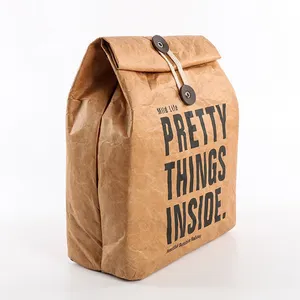 In-stock Supply Custom Logo Torn Super Strong Waterproof Natural Color Washed Kraft Paper Bags Button Closure