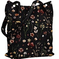 Sac fourre-tout en velours côtelé pour femme, réutilisable, avec poche à boucle magnétique, lavable en machine, importé, noir à motifs floraux, pour le travail et le shopping