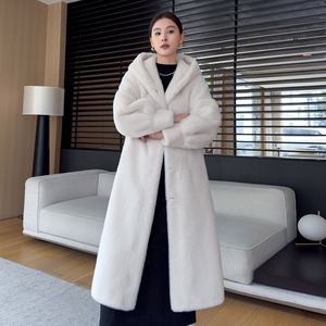 Women's Slim Velvet Faux Mink Fur <strong>Trench</strong> <strong>Coat</strong>-Long Full Hooded Eco-Conscious Luxury <strong>Coat</strong> - Product Image 1