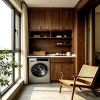 Meuble de buanderie haut de gamme en noyer sur mesure avec étagères ouvertes pour le rangement du thé, idéal pour les espaces de balcon