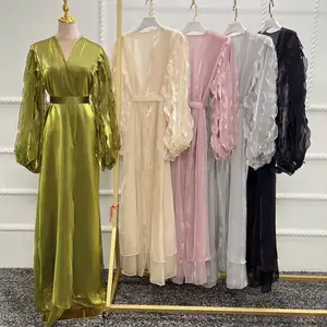 2024 latest abaya designs Arab Turkish Dubai fancy Islamic clothing Muslim women shinny organza Satin Silk Front open abaya