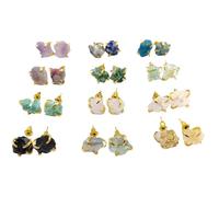 Boucles d'oreilles clous en pierres précieuses naturelles brutes, plaquées or, avec pierres irrégulières, pour femme