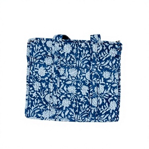Blue floral quilted cotton tote <b>bag</b> with <b>white</b> botanical print sturdy handles spacious everyday shopping travel office casual - Product Image 1