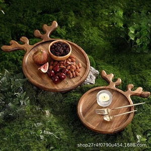 Stars Christmas Antler <b>Tray</b> Wooden Serving Plate With Handle For <b>Snacks</b> Fruits Desserts Party Use - Product Image 3