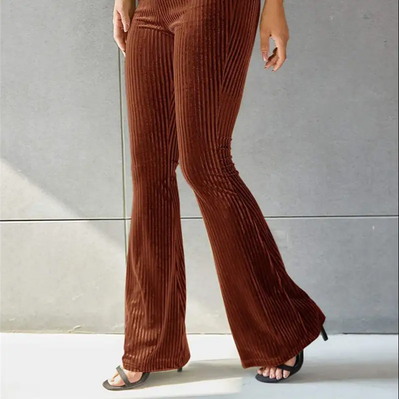 थोक नई डिजाइन महिलाओं पतलून ठोस रंग उच्च कमर मखमल गड्ढे पट्टी flared पैंट महिलाओं के लिए