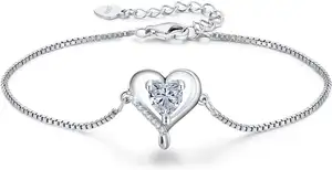 Yeni sevgililer günü moda lüks tasarım elmas kalp 925 ayar gümüş kadın bilezik