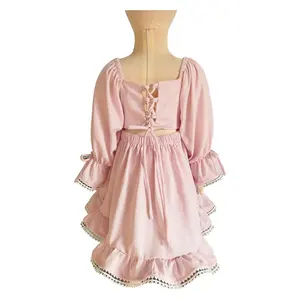 Vestido personalizado de mezcla de algodón y lino para niña, de manga larga con encaje y volantes en la espalda, vestido de princesa para regalo de cumpleaños
