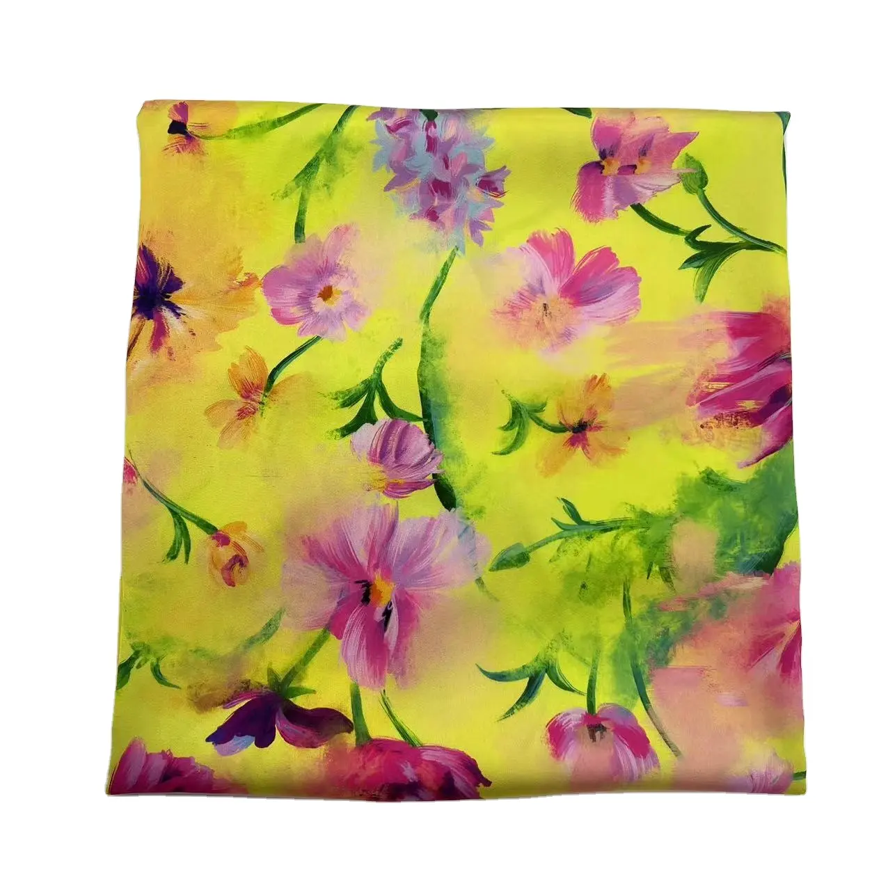 Usine en gros de haute qualité jaune grand tissu imprimé floral soie 100% polyester satin tissu d'impression numérique pour robes de soirée