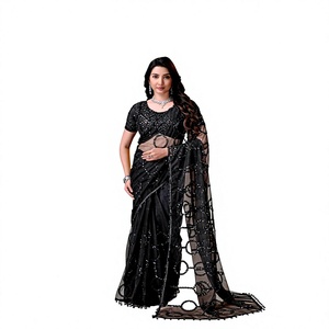 Sari de red negro azabache de lujo con bordado pesado de lentejuelas negras, diseño Bollywood, elástico, para verano, bodas indias, fiestas de noche - Product Image 1