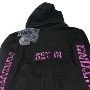 Survêtement en éponge française lourd All-Over Logo de transfert de chaleur col à capuche hommes grande taille sweats à capuche tissu tricoté Logo avant - Product Image 1