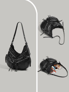 New Fashion Vintage Single <b>Strap</b> ZIP PU Leather Large Capacity Women's <b>Shoulder</b> Bag High Quality Chains Polyester Tanjing - Product Image 4