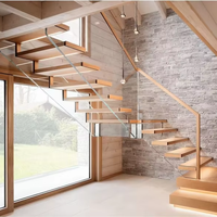 Moderne Innen-Holzschwebetreppe mit Rahmenlosem Glasgeländer Offenes Treppen-Set für Villen