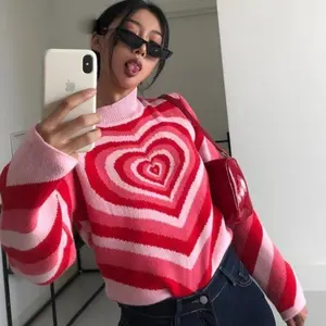 Y2K Turtleneck Women Striped Heart Aesthetic Sweater Sweet Pullovers Long Sleeve Knit Crop Top 90s Harajuku Knitting