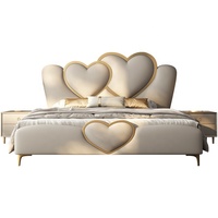 Base de Cama Tapizada en Forma de Corazón Romántico, Cama Matrimonial Moderna de Lujo para Bodas, Color Crema con Detalles Metálicos Dorados, Cama Doble para Recámara Principal
