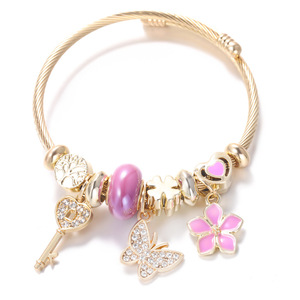 Bracciale Regolabile in Acciaio Inossidabile Placcato <span class=keywords><strong>Oro</strong></span> 18K con Ciondoli a Farfalla, Fiore, Chiave e Smalto, Braccialetto con Perline, Gioielli Moda Donna - Product Image 3
