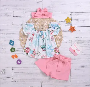子供ブティックセット半袖フラワープリント布女の赤ちゃんの衣装キッズガールズヘアバンド衣装服セットピンク色