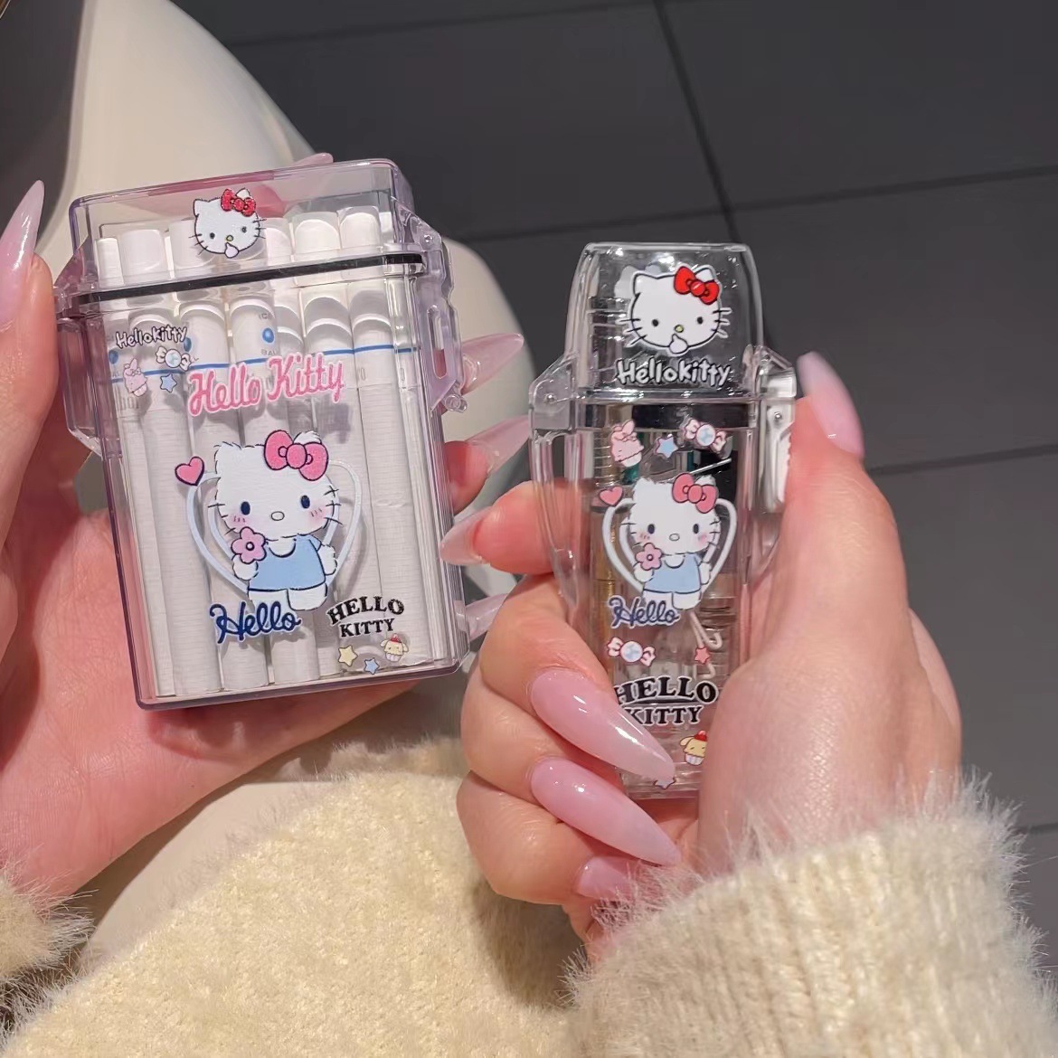 Hello kitty kuromi, портсигар и зажигалка, набор прозрачных мультяшных бутановых зажигалок