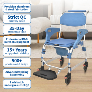 Chaise de douche médicale <span class=keywords><strong>en</strong></span> aluminium avec roulettes, chaise de toilette avec accoudoirs et repose-pieds rabattables pour les soins aux patients et aux personnes <span class=keywords><strong>âgée</strong></span>s - Product Image 1