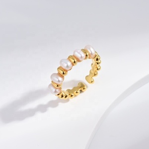 Anillo abierto de plata de ley 925 al por mayor, chapado en oro de 18k, estilo vintage, sencillo y a la moda, ajustable para mujer, con perlas, barato. - Product Image 4