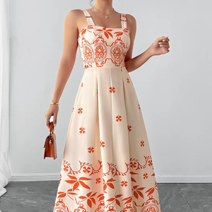 Robe longue éco-responsable rétro à motif floral pour femme, coupe trapèze, taille naturelle, avec détail noué à la taille, idéale pour les vacances - Product Image 1
