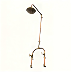 Grifo de ducha para exteriores de montaje en pared, hecho a mano en cobre y latón con pátina natural, tubería expuesta de estilo antiguo para jardín, patio y piscina. - Product Image 2